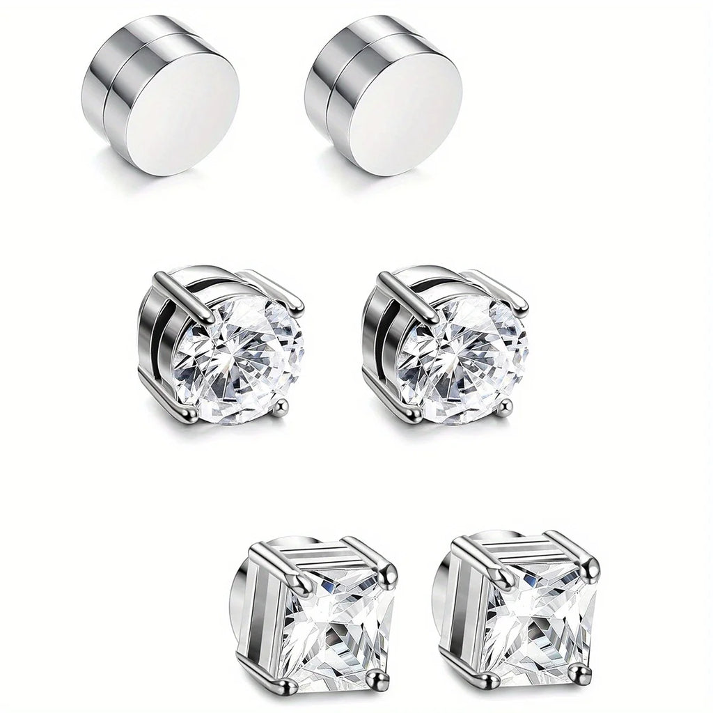 1/3Pairs 6MM Crystal Magnetic No-Pierce Stainless Steel Stud Earrings for Men Punk Zircon Magnet Earrings Non Piercing Jewelry