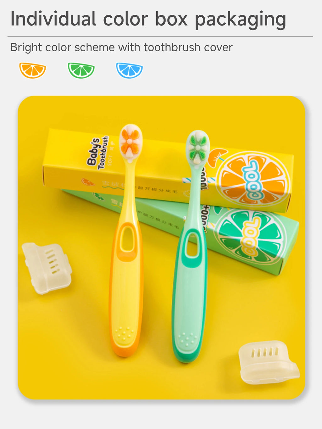 Children 3-12 years old ten thousand hair soft bristle toothbrush three colors available. Brush head with dust jacket