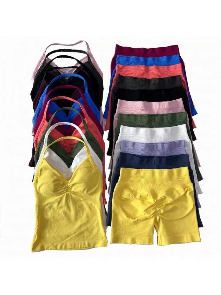 2Pcs Gym Set Women Backless Tank Tops High Waist Scrunch Seamless  Shorts Gym Suit Fitness Clothes Activewear