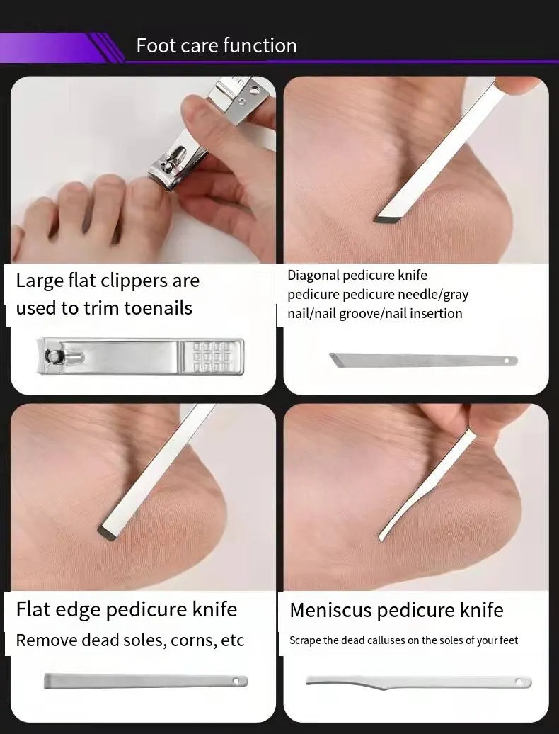 19PCS Professional Pedicure Nail Scissors Tool Nail Clipper Set Stainless Steel Manicure Cutter Trimmer Ear Spoon Nail Clipper