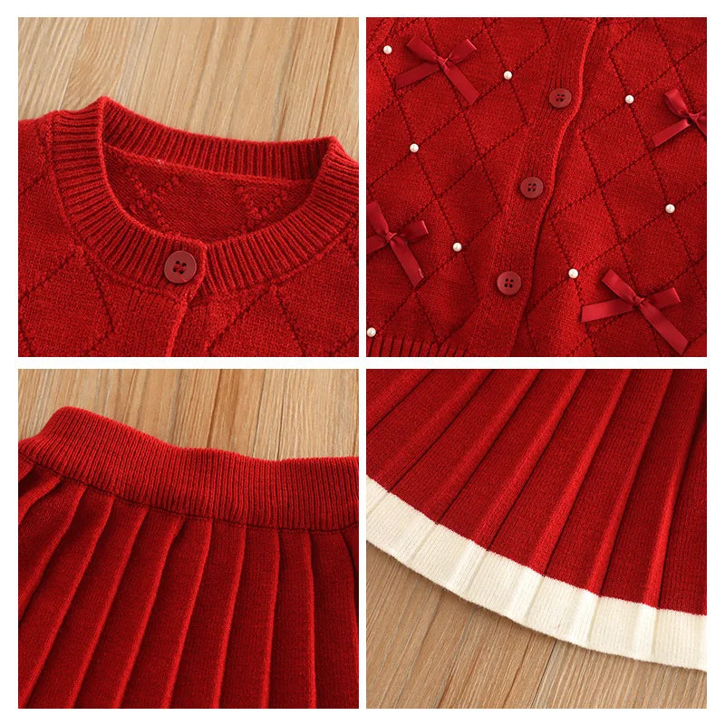 Children Girls Preppy Outfits Bow Shiny Infant Babys Girls Sweater Cardigan Suits Loose Velvet Pleated Skirt Kids Girls 2PCS Set