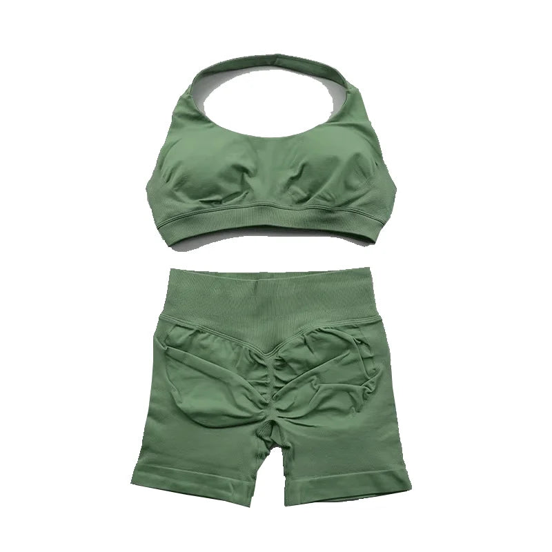 2Pcs Gym Set Women Backless Tank Tops High Waist Scrunch Seamless  Shorts Gym Suit Fitness Clothes Activewear