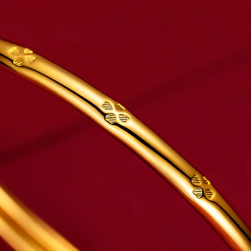 Pure 18k Yellow Gold Lucky Bracelet for Women Trend Gold Grass Smooth Push and Pull Handle for Women Jewelry
