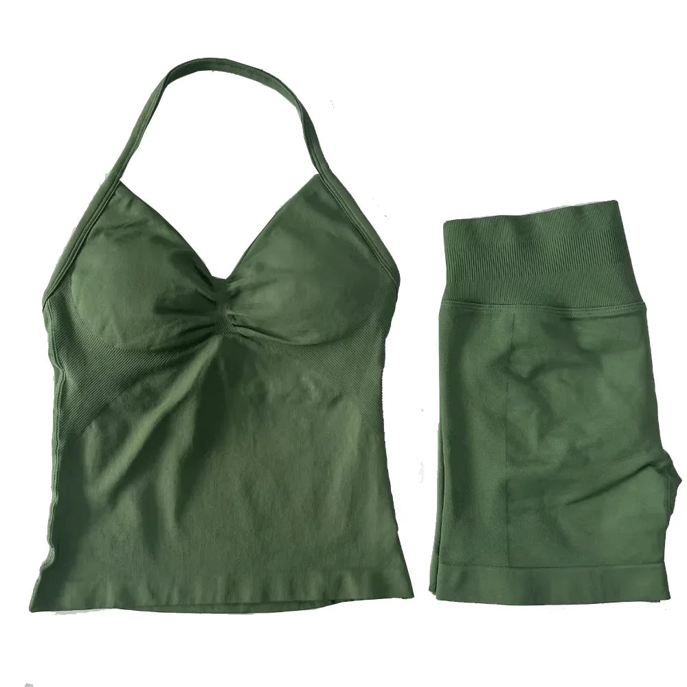 2Pcs Gym Set Women Backless Tank Tops High Waist Scrunch Seamless  Shorts Gym Suit Fitness Clothes Activewear