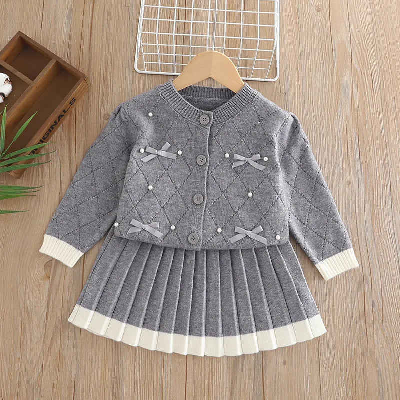 Children Girls Preppy Outfits Bow Shiny Infant Babys Girls Sweater Cardigan Suits Loose Velvet Pleated Skirt Kids Girls 2PCS Set