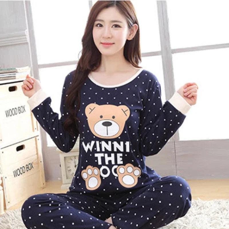 Autumn 2pieces Pyjamas Set Women Thin Sexy Sleepwear Lovely Home Suit 2025 Round Neck Girls Teacup SleepwearLong Sleeve Pajamas
