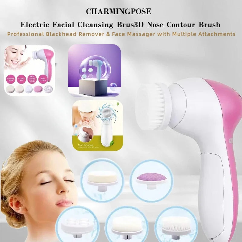 5-in-1 Electric Facial Cleansing Brush - Professional Blackhead Remover & Face Massager with Multiple Attachments, Rechargeable