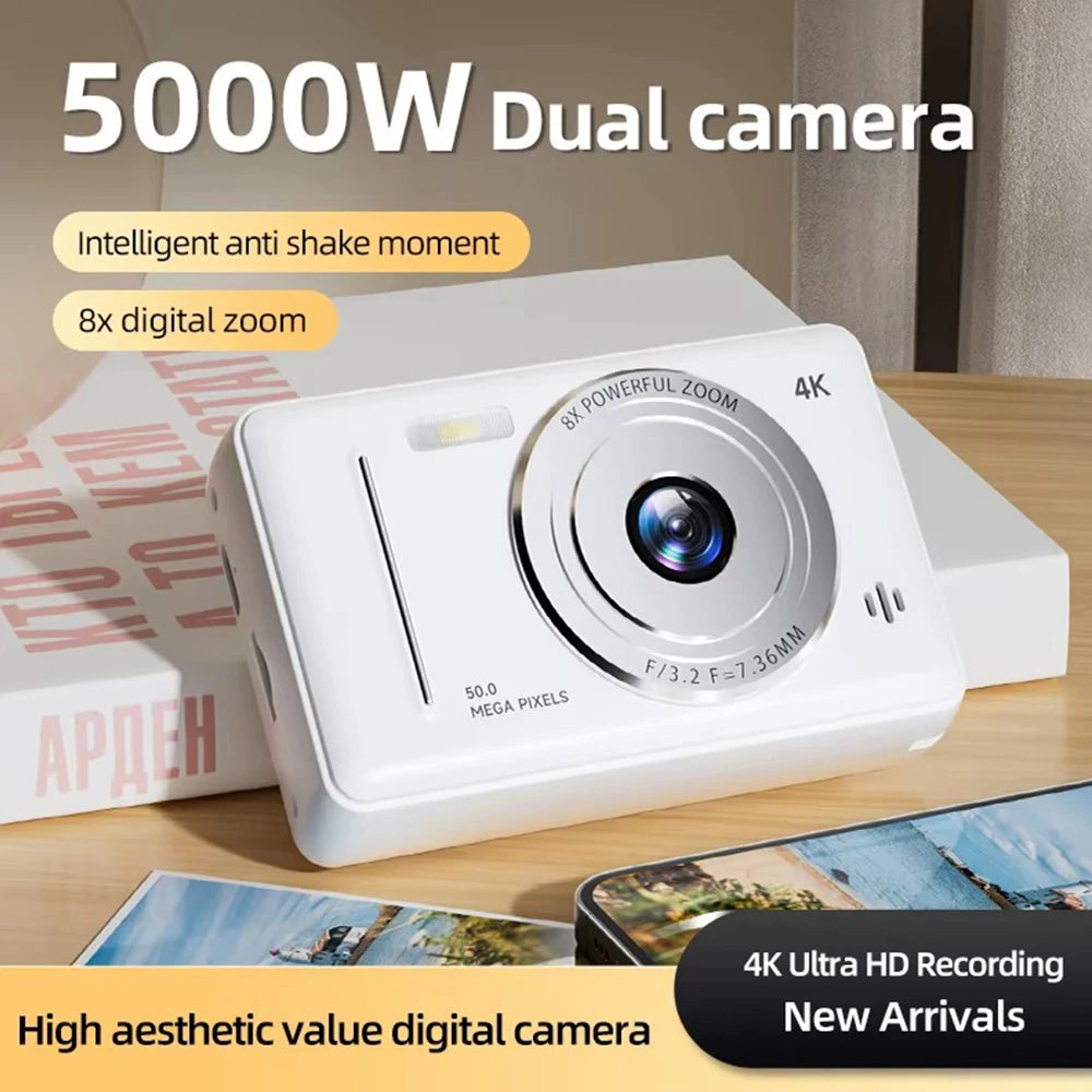 4K Digital Camera 50MP HD Retro Pocket Cameras Photography Travel Selfie Entry-Level Small Camera with 8x Zoom Compact Camcorder