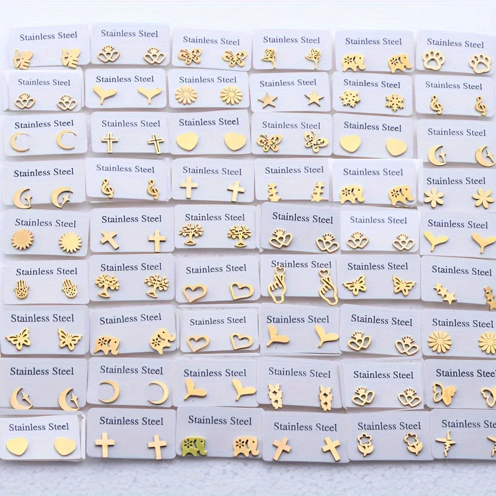 10/20Pairs Fashion Stainless Steel Stud Earrings For Women Mix Style Simple Love Flower Animal Star Ear Jewelry Party Gifts