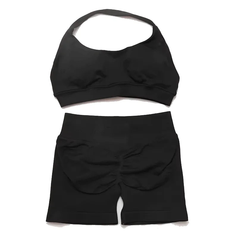 2Pcs Gym Set Women Backless Tank Tops High Waist Scrunch Seamless  Shorts Gym Suit Fitness Clothes Activewear