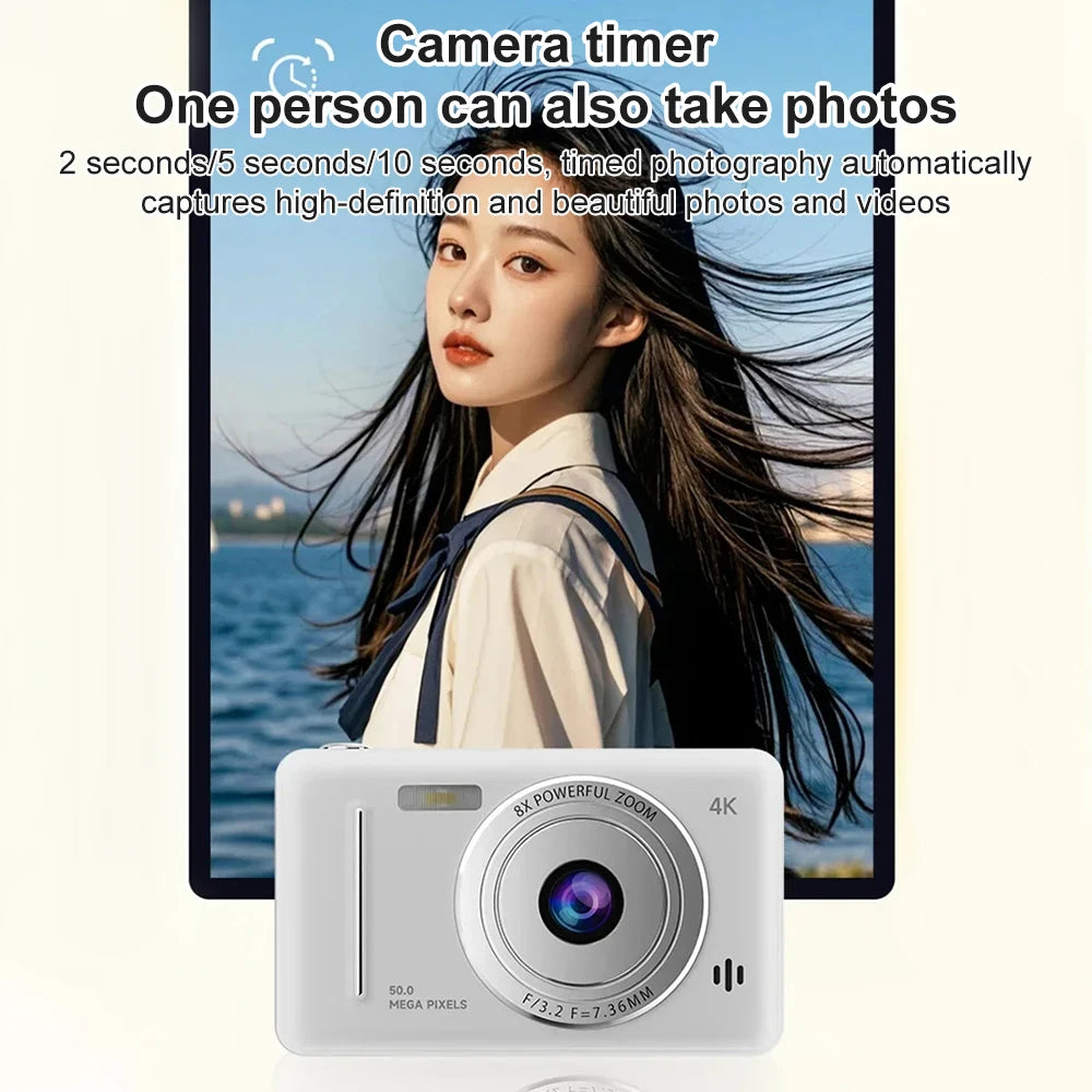 4K Digital Camera 50MP HD Retro Pocket Cameras Photography Travel Selfie Entry-Level Small Camera with 8x Zoom Compact Camcorder