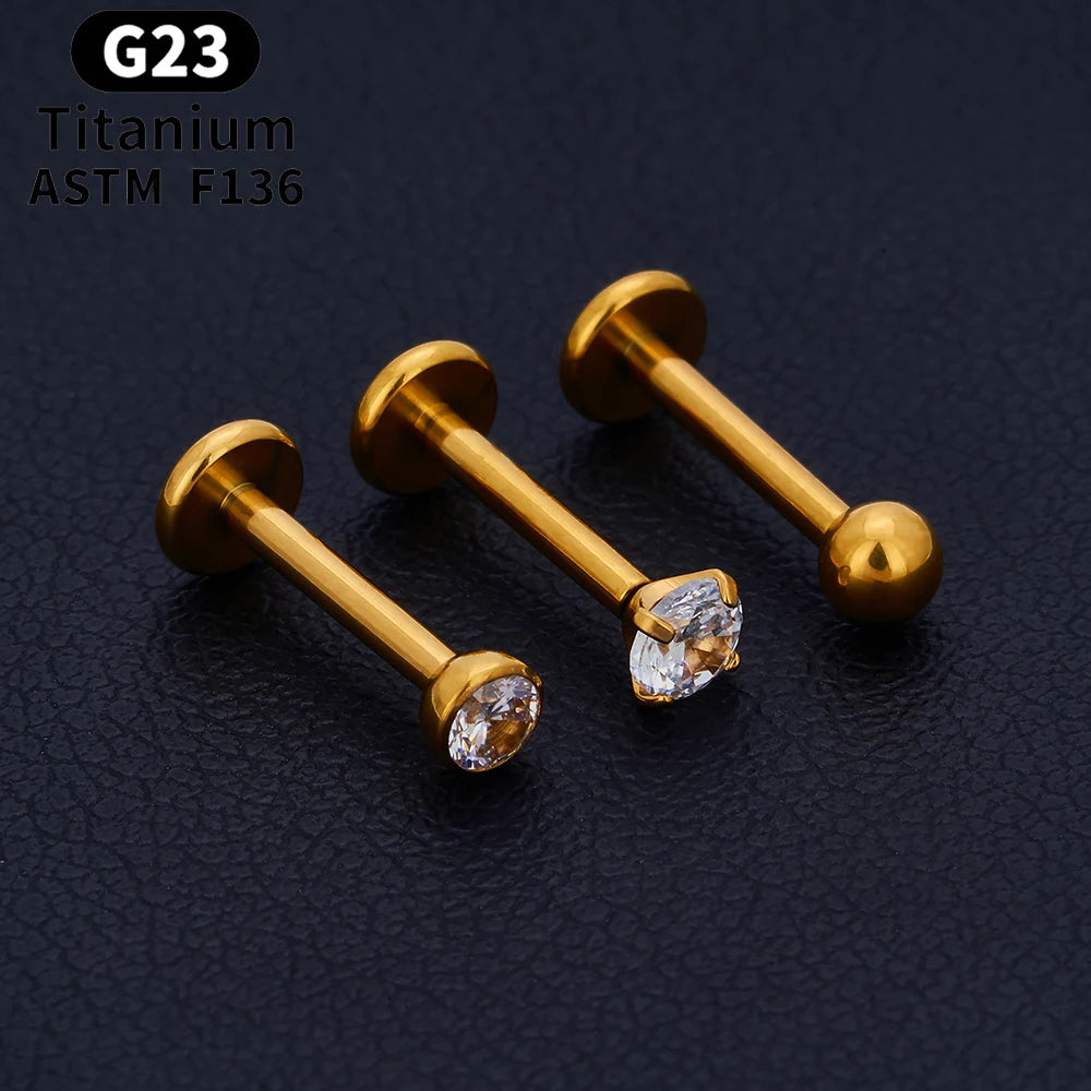10/50PCS G23 Ttianium Piercing Labret Lip Stud Ring CZ 16G Internal Thread Stud Earring Ear Tragus Cartilage Helix Daith Jewelry