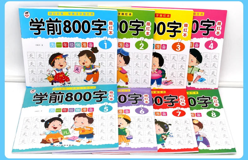 8 Books/set Children Pencil Chinese Tracing Red 800-Character Preschool Children Aged 3-6 Practice Copybook Early Education Book