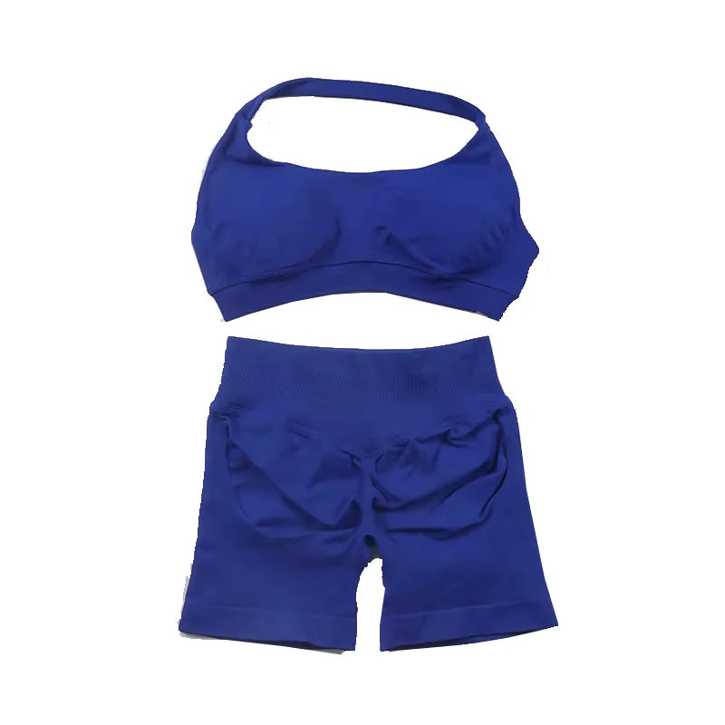 2Pcs Gym Set Women Backless Tank Tops High Waist Scrunch Seamless  Shorts Gym Suit Fitness Clothes Activewear