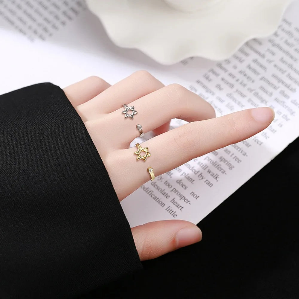 Monkton Real S925 Sterling Silver Hollow Hexagon Ring for Women Fashion Open Star of David Silver 925 Jewelry Promise Ring