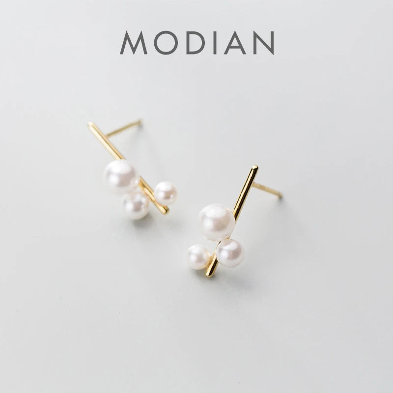 Modian Classic 925 Sterling Silver Temperament Ear Pin for Women Fashion Elegant Pearl Geometric Stud Earring Fine Jewelry