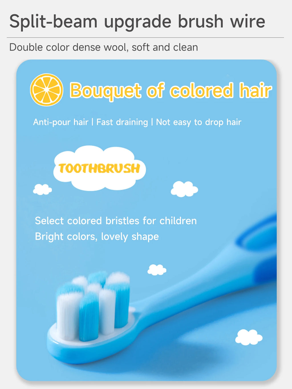 Children 3-12 years old ten thousand hair soft bristle toothbrush three colors available. Brush head with dust jacket