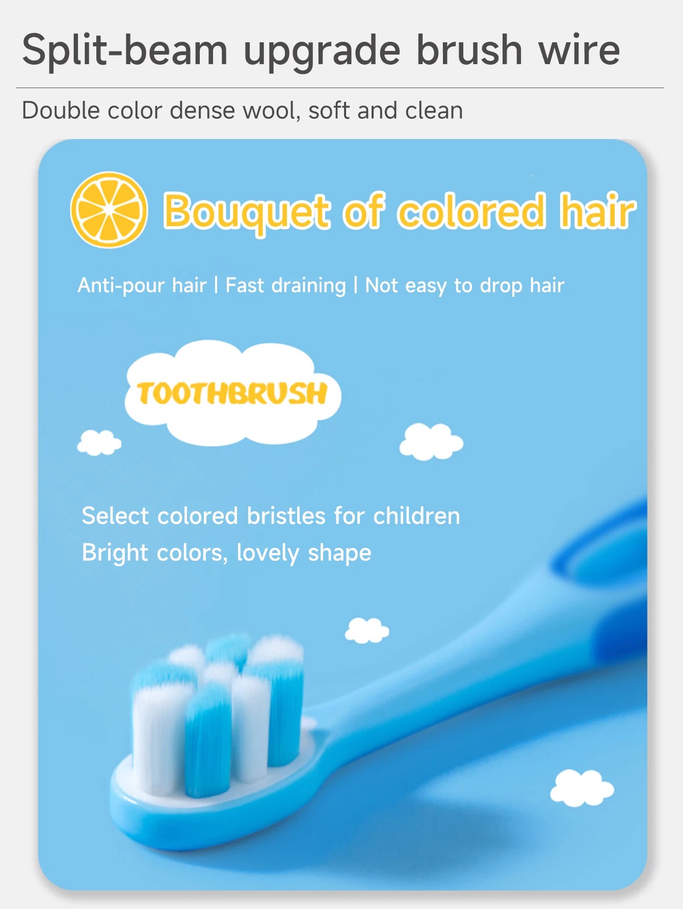 Children 3-12 years old ten thousand hair soft bristle toothbrush three colors available. Brush head with dust jacket