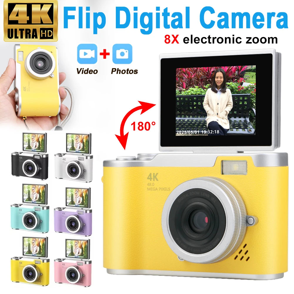 4K CCD 8X Digital Zoom Digital Camera for Student 48MP Compact Digital Photography Camera 180 Flip Screen Selfile Camera