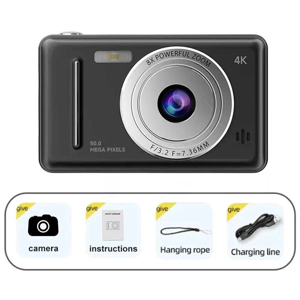 4K Digital Camera 50MP HD Retro Pocket Cameras Photography Travel Selfie Entry-Level Small Camera with 8x Zoom Compact Camcorder