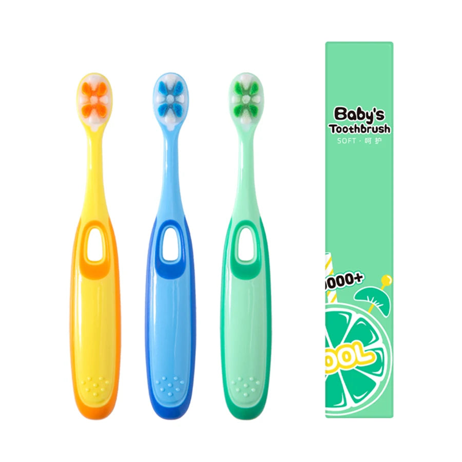 Children 3-12 years old ten thousand hair soft bristle toothbrush three colors available. Brush head with dust jacket