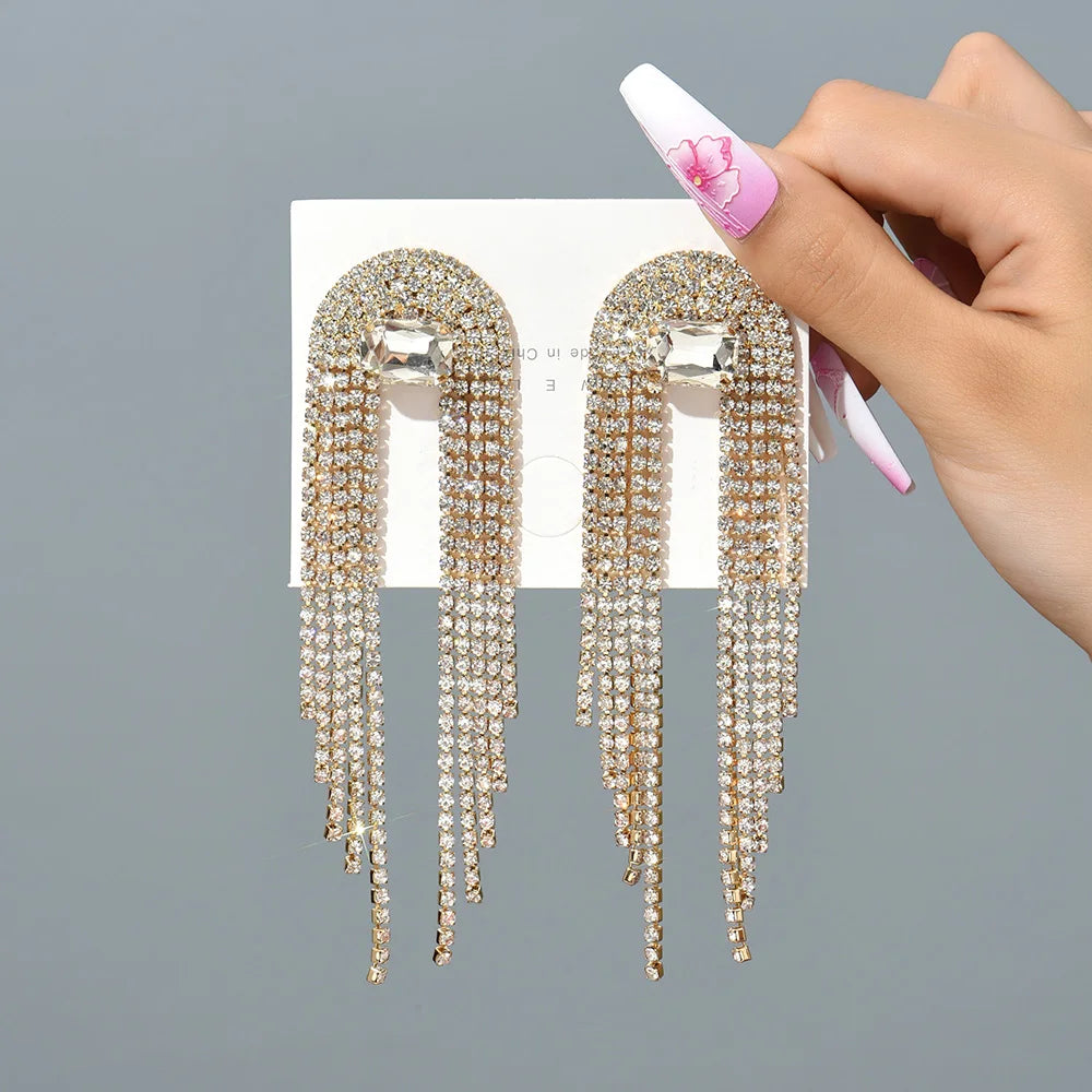 Elegant Fashion Bridal Wedding Party Jewelry Rhinestone Luxury Fairy Tassel Formal Unusual Dangle Earrings For Women Modern Gift