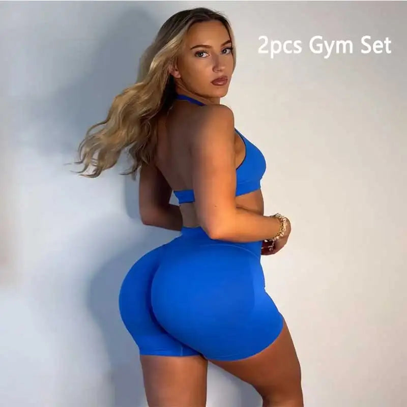 2Pcs Gym Set Women Backless Tank Tops High Waist Scrunch Seamless  Shorts Gym Suit Fitness Clothes Activewear