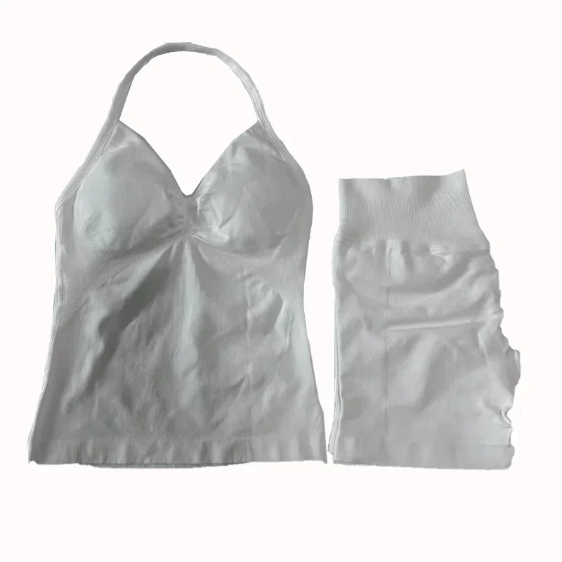 2Pcs Gym Set Women Backless Tank Tops High Waist Scrunch Seamless  Shorts Gym Suit Fitness Clothes Activewear