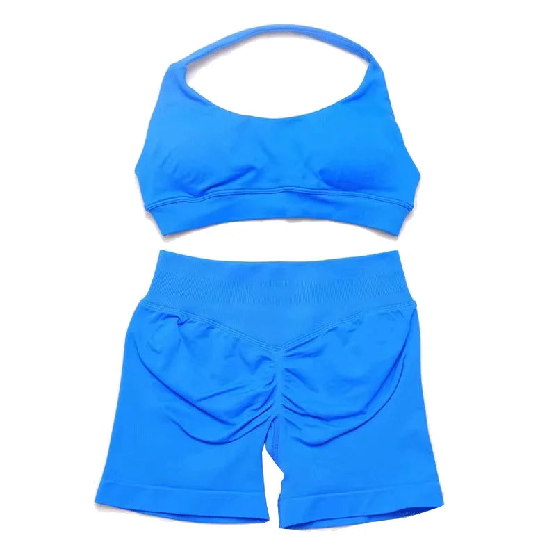 2Pcs Gym Set Women Backless Tank Tops High Waist Scrunch Seamless  Shorts Gym Suit Fitness Clothes Activewear