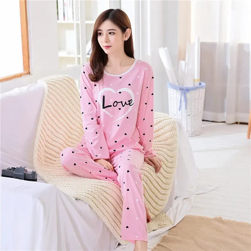 Autumn 2pieces Pyjamas Set Women Thin Sexy Sleepwear Lovely Home Suit 2025 Round Neck Girls Teacup SleepwearLong Sleeve Pajamas