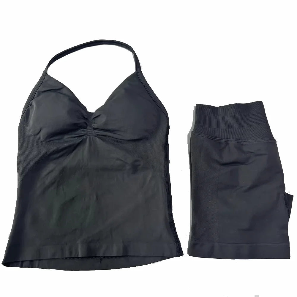 2Pcs Gym Set Women Backless Tank Tops High Waist Scrunch Seamless  Shorts Gym Suit Fitness Clothes Activewear