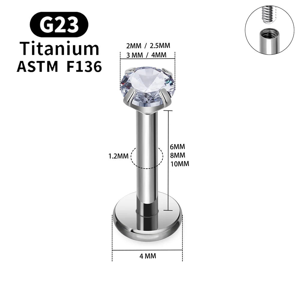 10/50PCS G23 Ttianium Piercing Labret Lip Stud Ring CZ 16G Internal Thread Stud Earring Ear Tragus Cartilage Helix Daith Jewelry