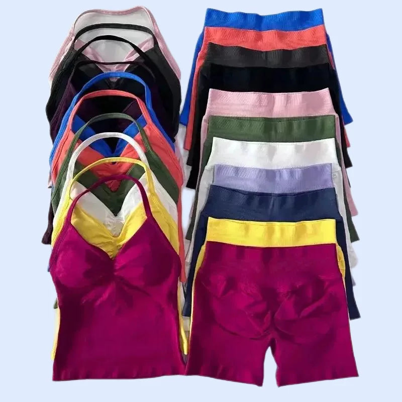 2Pcs Gym Set Women Backless Tank Tops High Waist Scrunch Seamless  Shorts Gym Suit Fitness Clothes Activewear