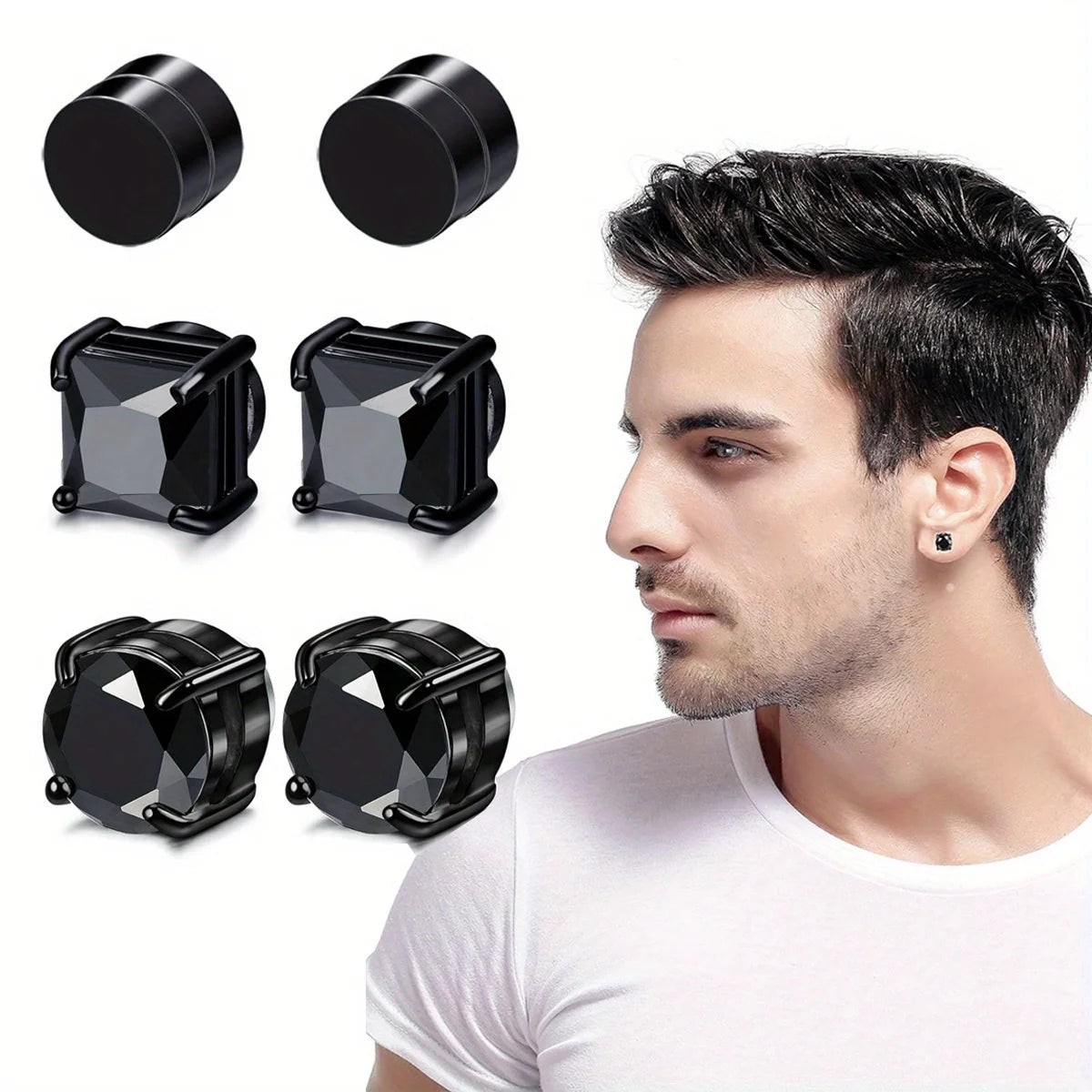 1/3Pairs 6MM Crystal Magnetic No-Pierce Stainless Steel Stud Earrings for Men Punk Zircon Magnet Earrings Non Piercing Jewelry