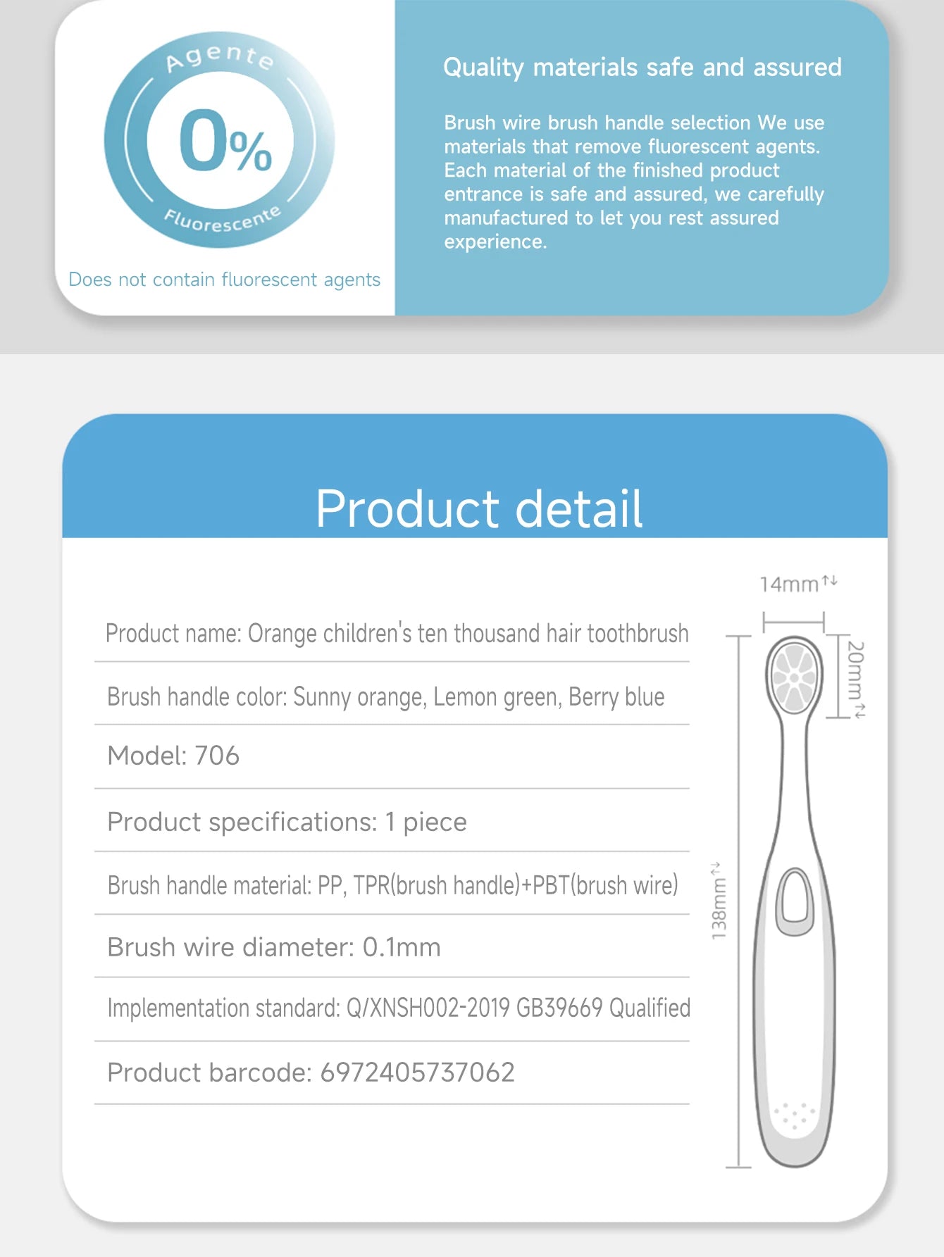 Children 3-12 years old ten thousand hair soft bristle toothbrush three colors available. Brush head with dust jacket