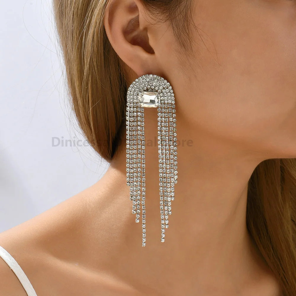 Elegant Fashion Bridal Wedding Party Jewelry Rhinestone Luxury Fairy Tassel Formal Unusual Dangle Earrings For Women Modern Gift