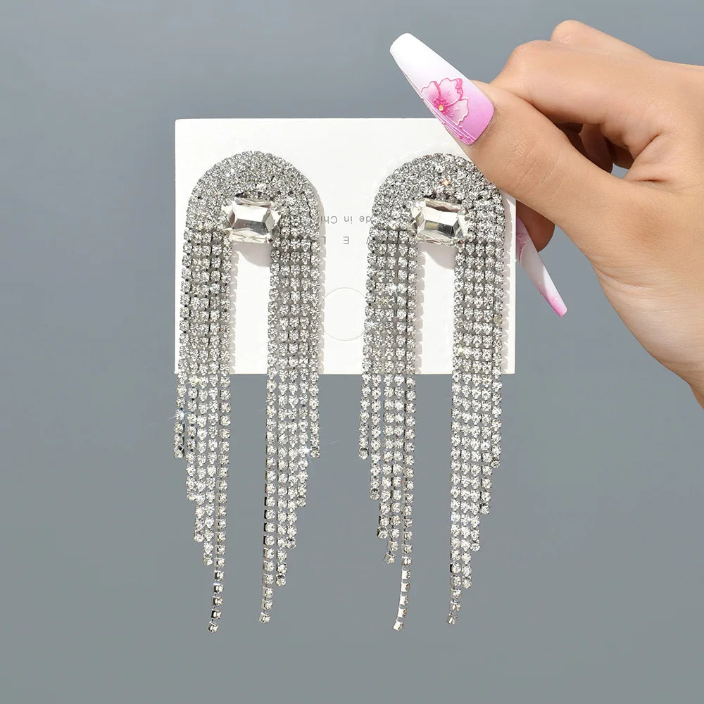 Elegant Fashion Bridal Wedding Party Jewelry Rhinestone Luxury Fairy Tassel Formal Unusual Dangle Earrings For Women Modern Gift