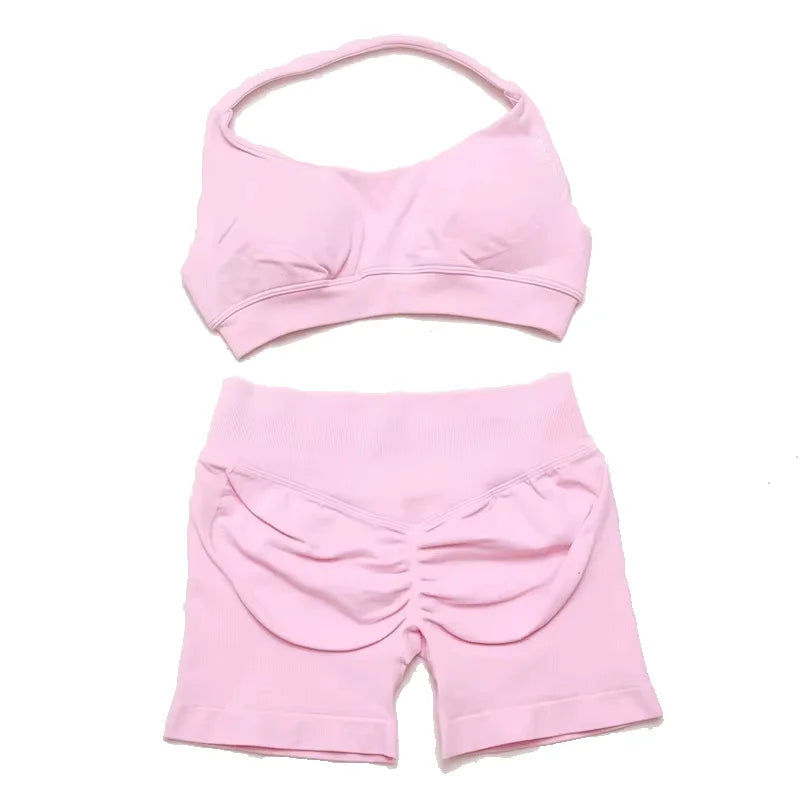 2Pcs Gym Set Women Backless Tank Tops High Waist Scrunch Seamless  Shorts Gym Suit Fitness Clothes Activewear