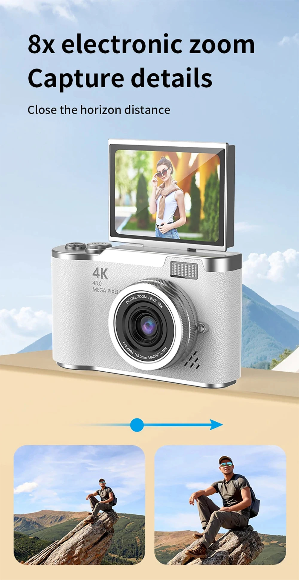 4K CCD 8X Digital Zoom Digital Camera for Student 48MP Compact Digital Photography Camera 180 Flip Screen Selfile Camera