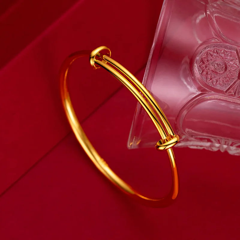 Pure 18k Yellow Gold Lucky Bracelet for Women Trend Gold Grass Smooth Push and Pull Handle for Women Jewelry