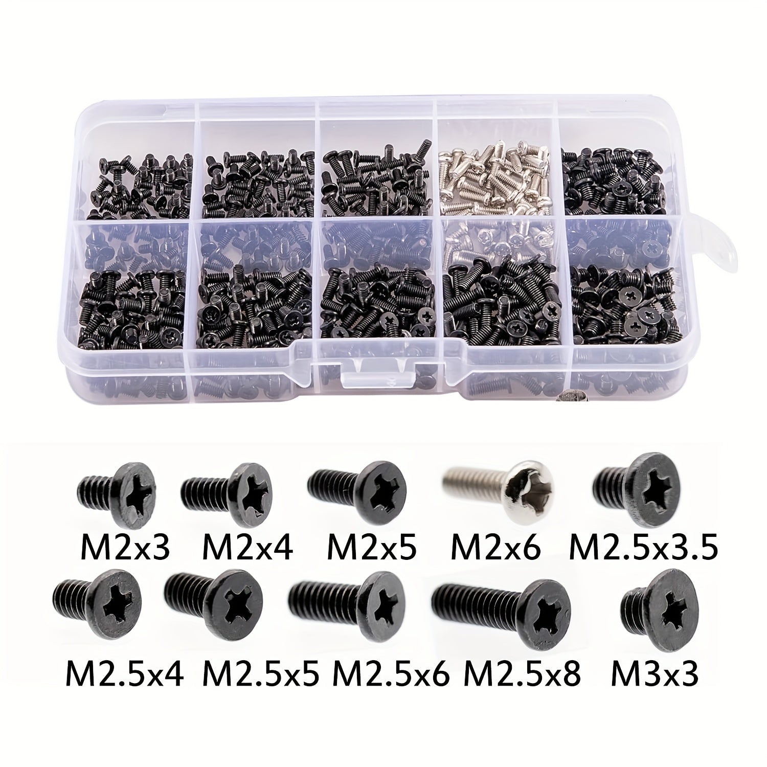 500pcs Set Screws Assortment Kit - Galvanized Iron Flat Head Phillips Drive Screws - Fully Threaded, Low Profile, for Use in Plastic, Right Hand Thread Direction - Extensive Application in Electronics Repair