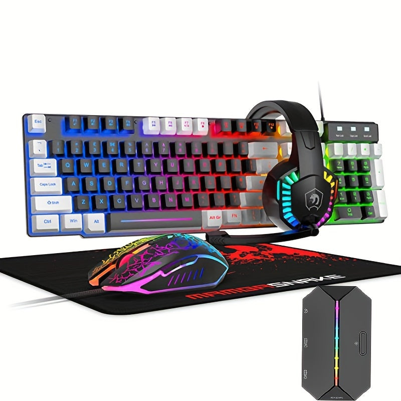 5-in-1 Wired Gaming Keyboard and Mouse, Mouse Pad and Gaming Headset with G6L Control Adapter, Rainbow LED Backlit Keyboard, Over-Ear Headphones with Mic, Gaming Mouse, Mouse Pad for PC Gamers and Xbox and PS4