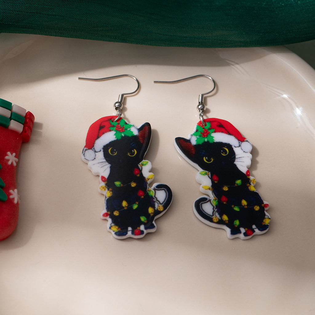 1 Pair Acrylic Christmas Earrings, Cute Cat Design, Unique Fashion Creative Statement Dangles