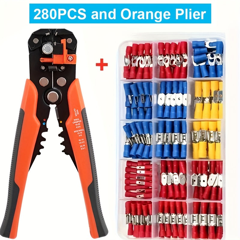 280pcs UMLIFE Spade Crimp Terminals with 5-in-1 Wire Stripper, Insulated Copper Connectors, Easy-to-Use for Automotive and Home Electrical Connections, Car Electrical Terminal Block, Uncharged, with Copper Contacts, for Start
