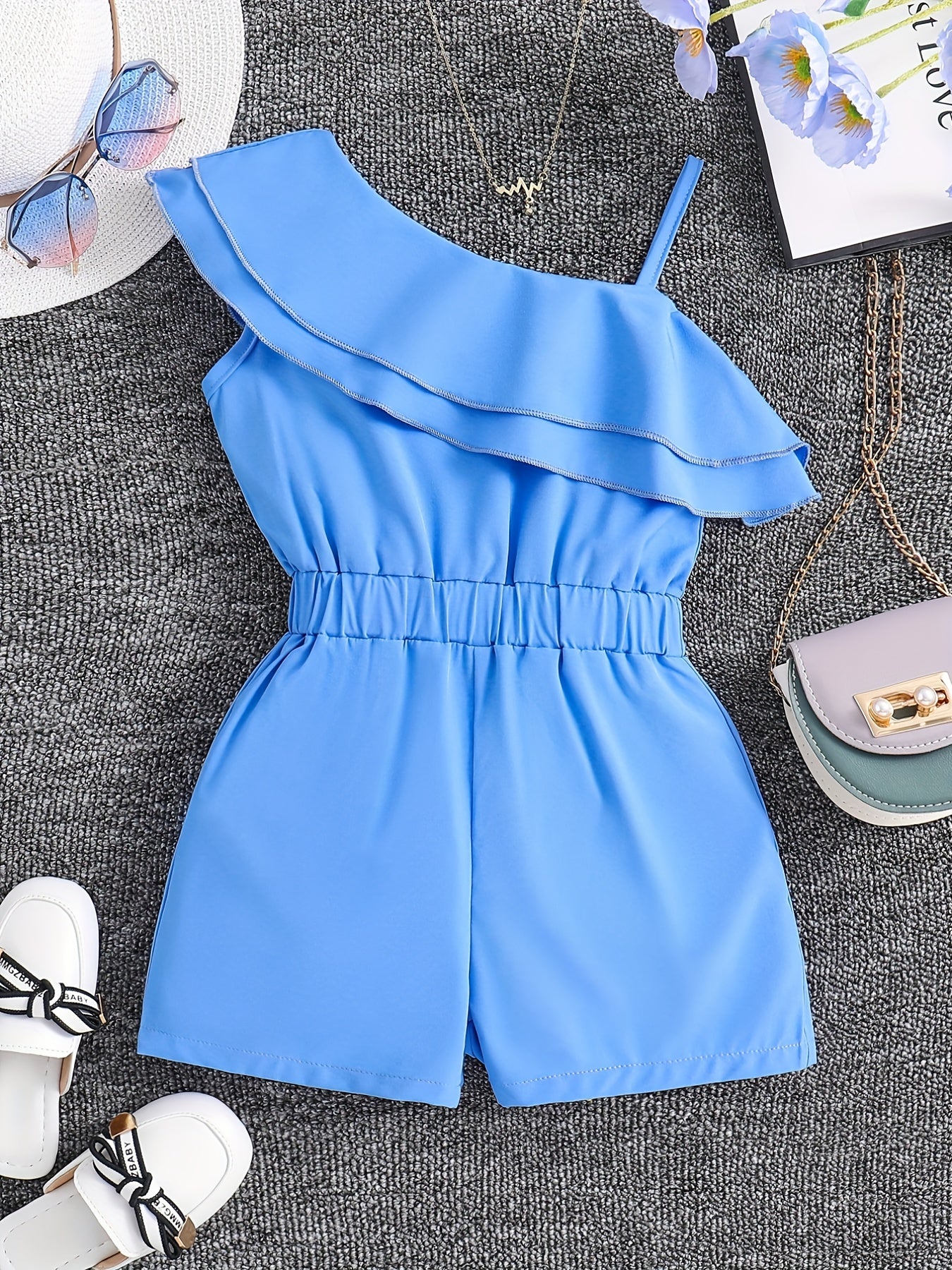 Girls' Short Ruffled Sleeveless Romper - Summer Solid Color Short Outfit with Diagonal Collar, Short Length for & Little Girls, Casual Playwear & Dressing (Hand Washable) - Non-Stretch Summer Clothing, Perfect for Outdoor