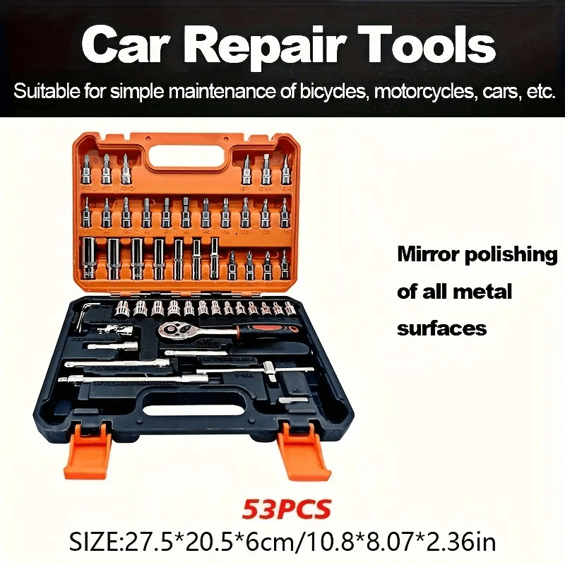 53pcs Universal Car Repair Tool Set - Comprehensive Automotive Maintenance Solution - High-Quality Durable Accessories Suitable for DIY Repairs and Daily Use, Industrial Professional Manual Tool Kit Including Socket Wrenches,