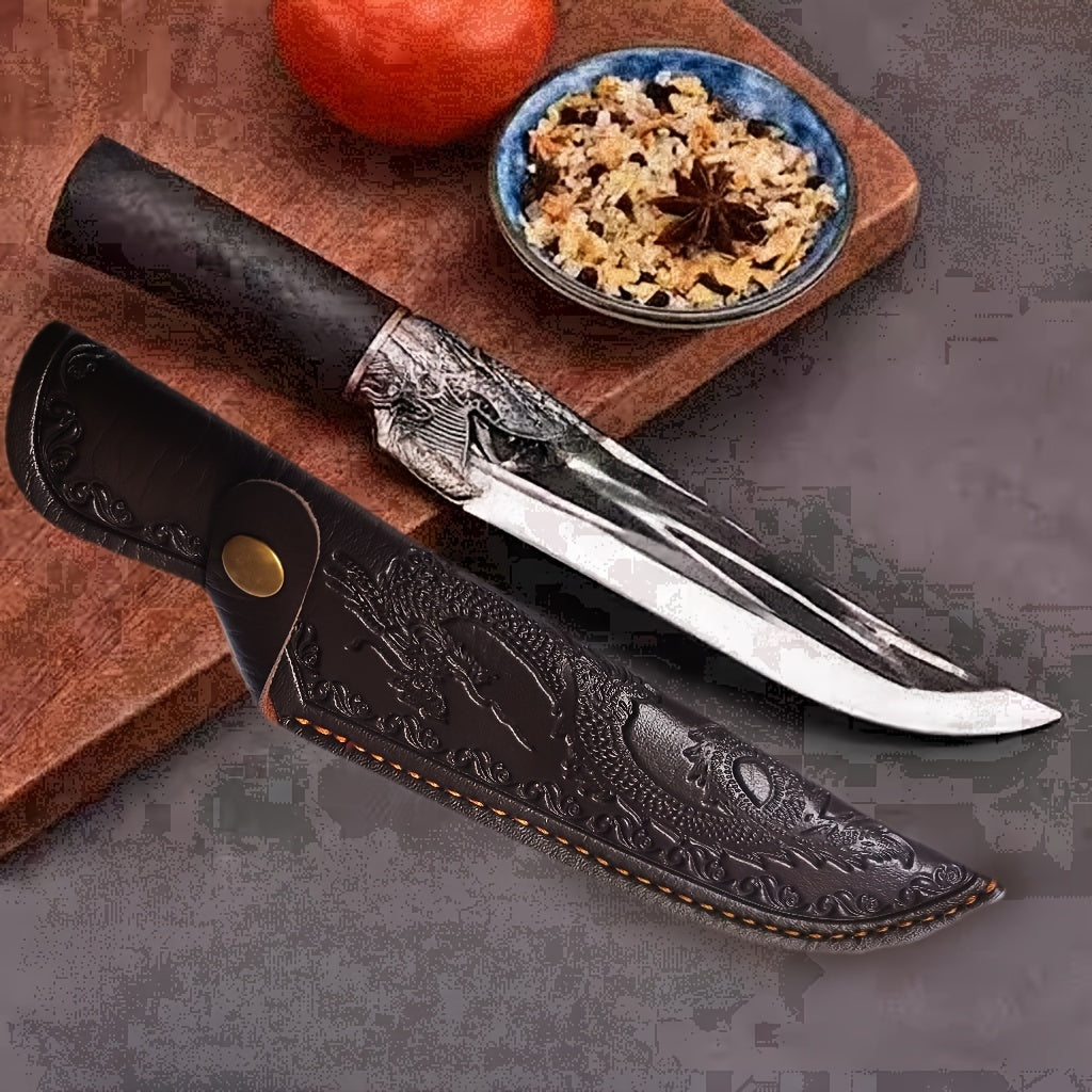 3D Embossed Dragon Design Faux Leather Knife Sheath for Chef's Knife, Outdoor Cooking, Camping, Picnic, Hunting - Convenient Carry Storage (Knife Not Included)