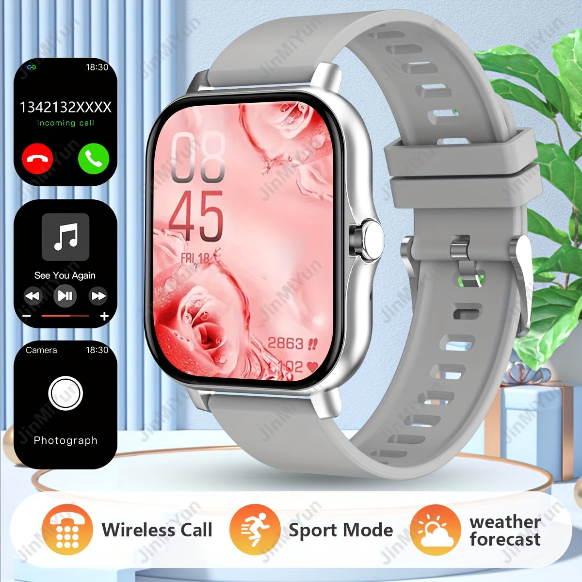 4.65cm Full Touch Screen Smartwatch for Men & Women – Sports Outdoors Fitness Watch with Wireless Call & Message Alerts, Multiple Sports Modes, Remote Camera/Music, Activity Tracker, Compatible with Android & iPhone, Non-Wa