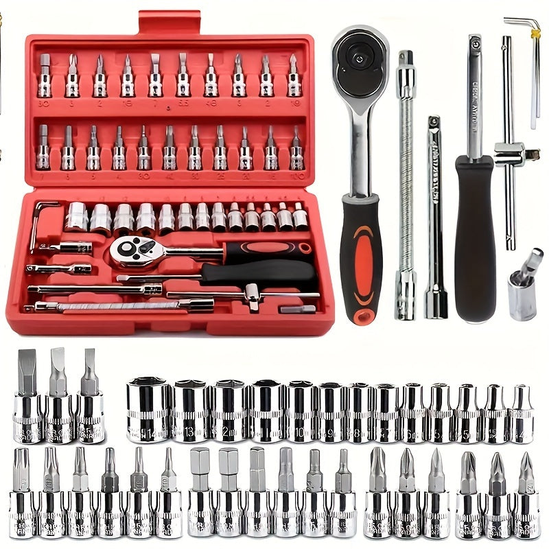 46-Piece Socket Wrench Set - Fast and Efficient, Compact and Portable, Perfect for Automotive Repair and Maintenance, Multi-Functional and Versatile Ratchet Screwdriver Combination Tool - Comprehensive and Complete Kit for Qu