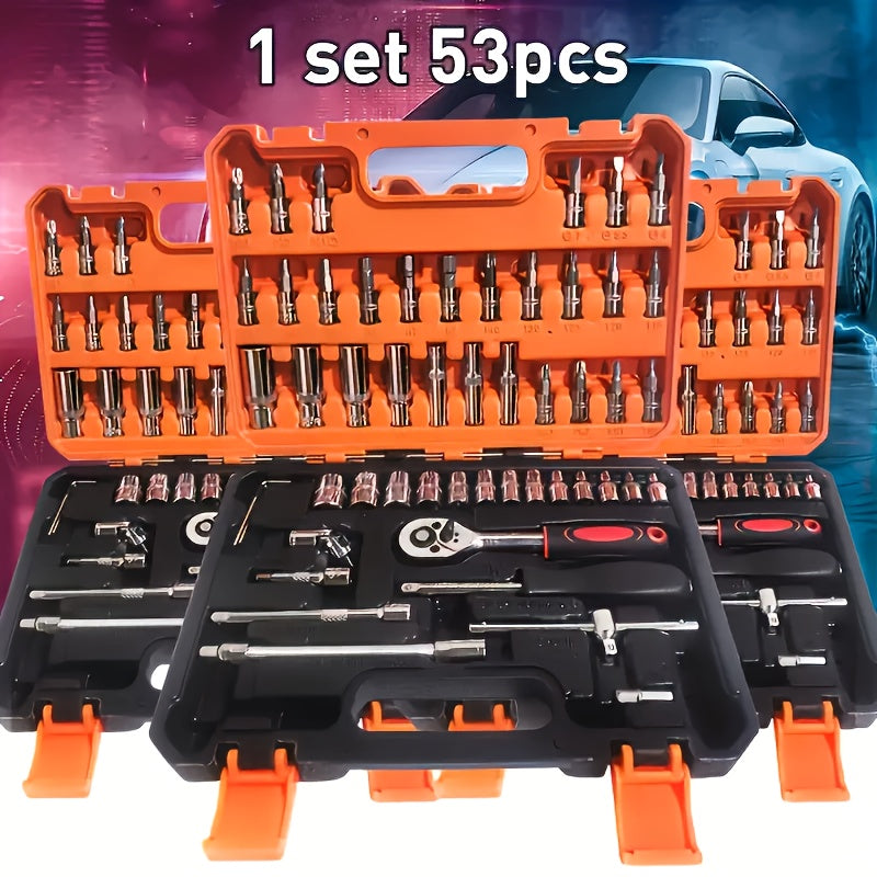 53pcs Universal Car Repair Tool Set - Comprehensive Automotive Maintenance Solution - High-Quality Durable Accessories Suitable for DIY Repairs and Daily Use, Industrial Professional Manual Tool Kit Including Socket Wrenches,